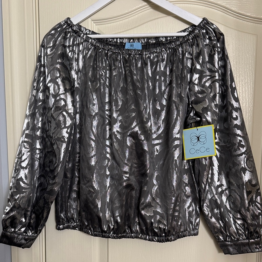 CeCe Metallic Shimmer Balloon Sleeve Blouse in Black Silver